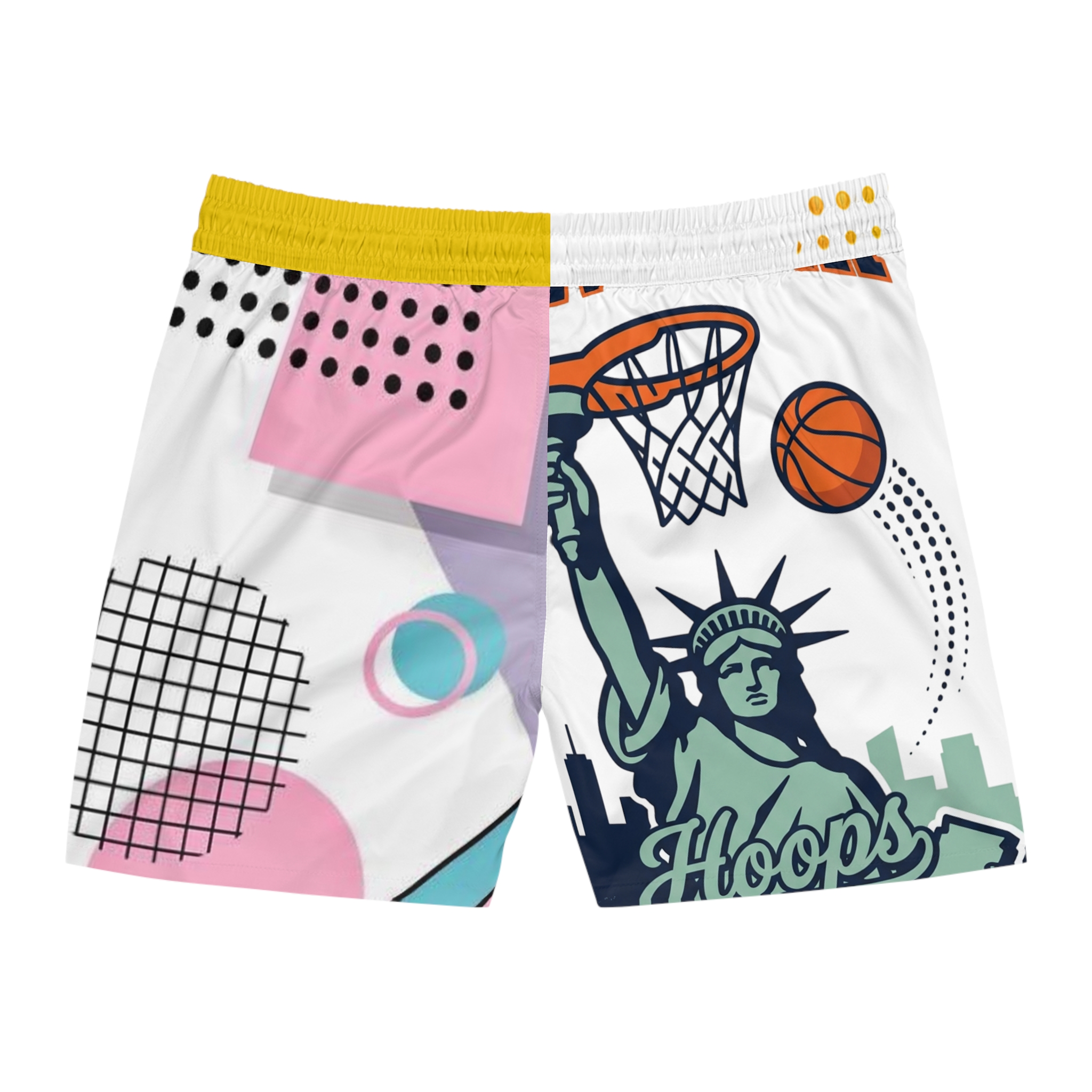 16299275772072079576_2048.jpeg Short de bain rétro Memphis — avec motif basket et Statue de la Liberté – Image 3