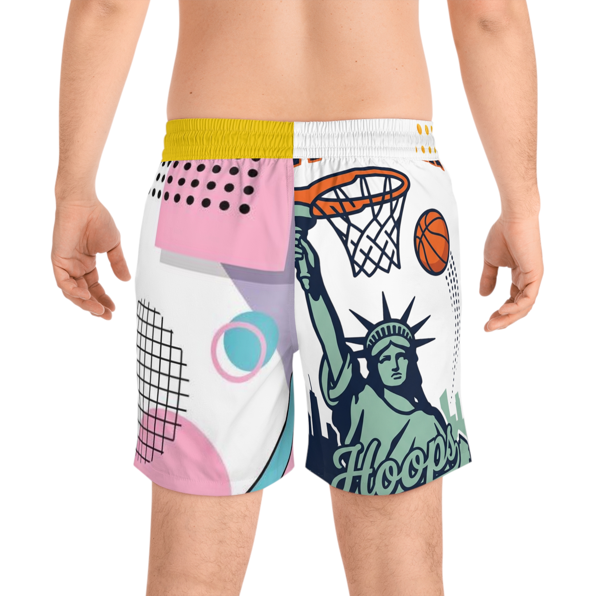 17039387802986394020_2048.jpeg Short de bain rétro Memphis — avec motif basket et Statue de la Liberté – Image 8